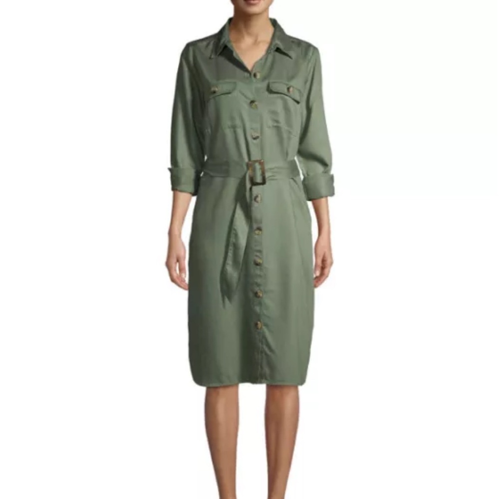 Time and Tru Olive Button-Front Midi Shirt Dress
